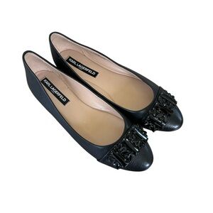 Karl Lagerfeld Viola Embellished Almond Toe Leather Ballerina Flats Black Sz 8.5